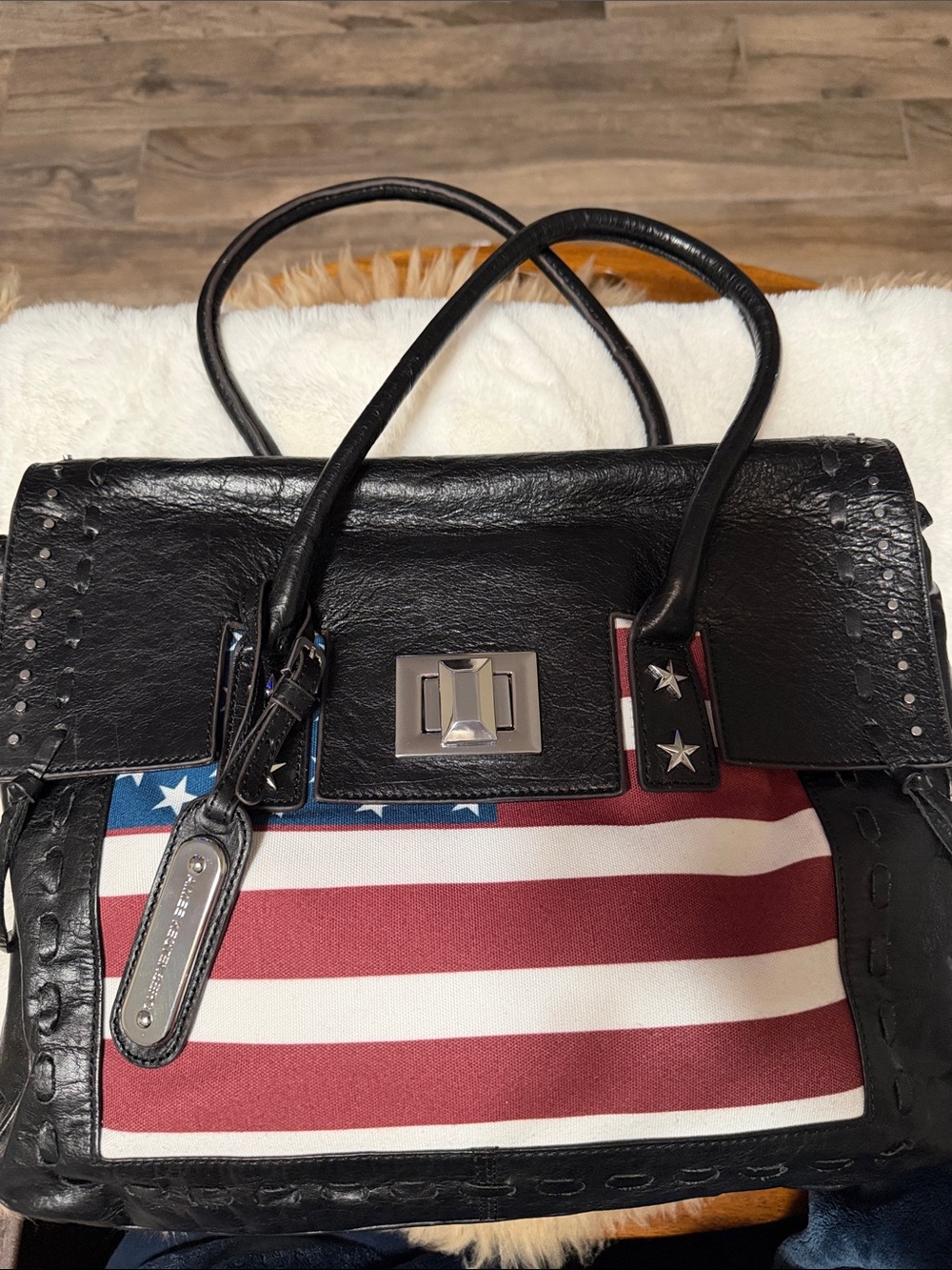 Aimee Kestenberg Black Leather American Flag Tote Bag Studded Satchel Handbag - Picture 3 of 13